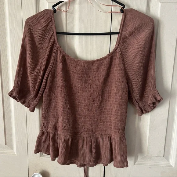 Mine Brown Smocked Peplum Blouse with Puff Sleeves - Picture 3 of 5
